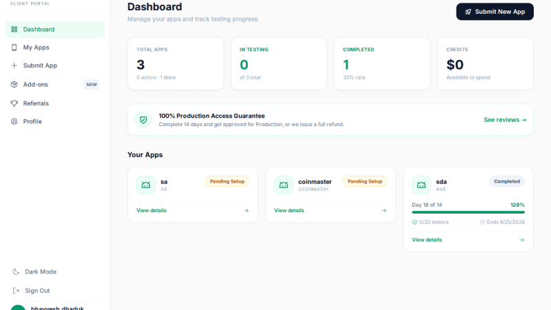 Testers.dev dashboard